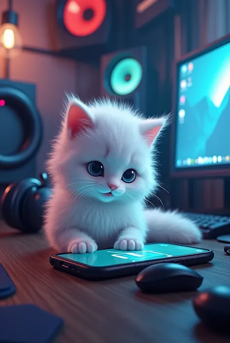 A white realistic fluppy cat is playing ff on mobile,in a gaming setup.