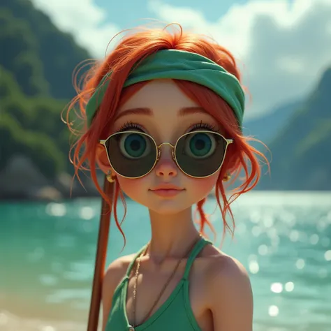 cute red-haired girl with a paddle board in her hands,extremely detailed large blue eyes,in a green bandana,wear sunglasses,3D in the style of Pixar,on the beach in gloomy weather,photorealistic,(Best quality,8 k,High resolution,masterpiece:1.2),ultra-deta...