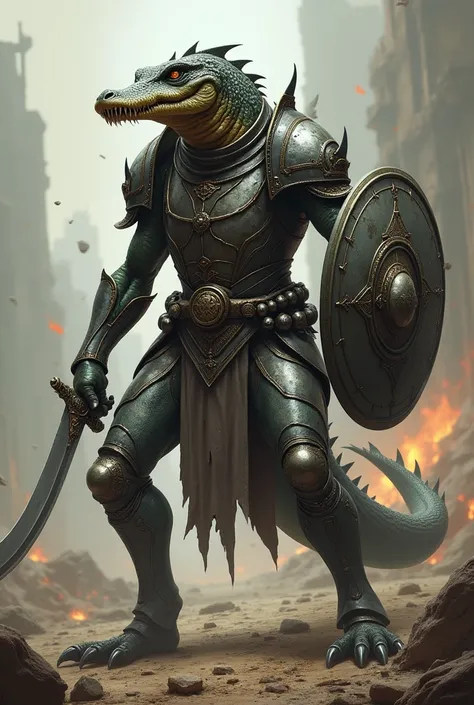 Create an image of a skinny humanoid alligator, with steel plate armor, holding a scimitar sword and a small shield, In a battle pose