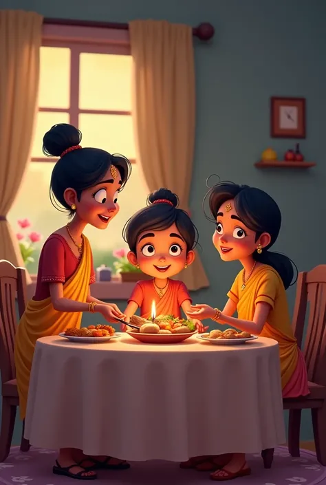 A quiet evening scene where Aarti is serving dinner to Savitri Devi and Mohan, with everyone smiling and enjoying each other’s company.Cartoon 