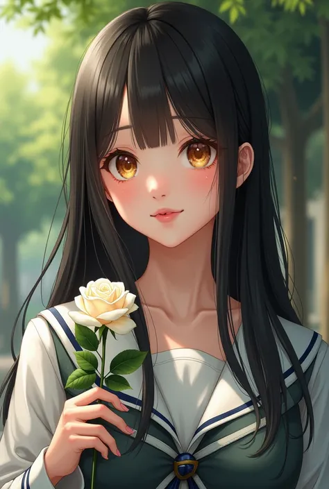 Realistic image of a beautiful girl with long straight hair, collected, black color, honey colored eyes, white tea, with a mole on his lower lip, cheerful and lively face,  with a white rose in her hand and school clothes 
