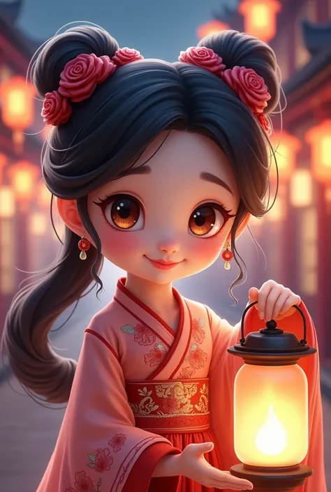 A cute little beauty with Chinese style，have big eyes，Wearing gorgeous clothes, showing doll-like elegance and cuteness, holding an ancient lantern in hand, tilting her head, long, slightly curly hair, gorgeous hair accessories, rose hair bundles, big face...