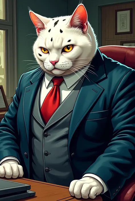 White Fat Cat With Black Spots On Body Mobster Boss Dangerous In Suit For A Comic 