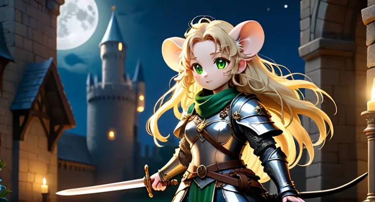 full body Esbian、Cool Female Mouse、Pop Female Mouse、diorama、symple background、full moon, bandana、holding sword high, masterpiece, long-blonde curly hair, Best Quality, Capture super cute moments, depth of fields, ultra-detailliert, Ultra High Resolution, O...