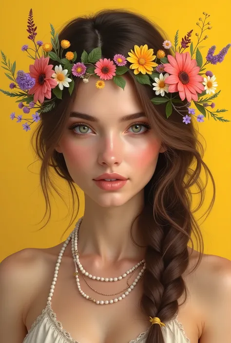 1 woman , 30 years, makeup , portrait, brown hair, Long braid low to the side, white beads on the neck, green eyes , a wreath of wild flowers on the head , yellow background, Minimalism, Filling an image, Realistic anatomy, Best quality, in detail, High de...