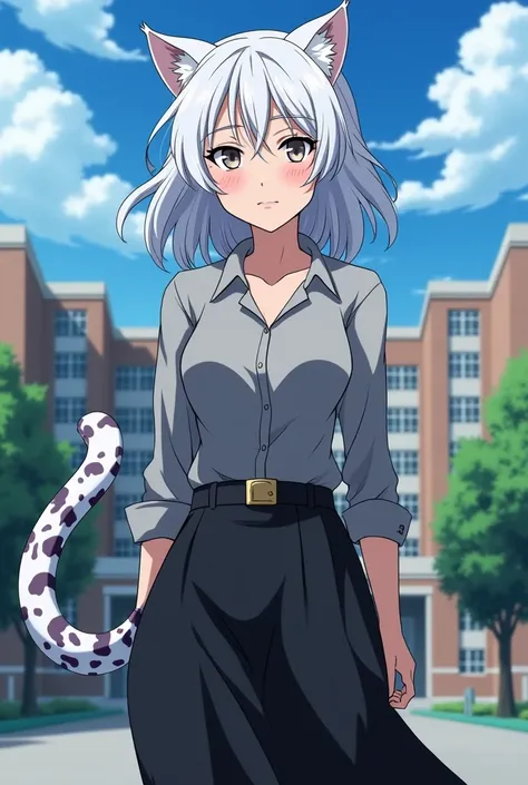 Anime style Boku and Hero academia, Half mature woman half snow leopard with tail and ears, cat eyes, Medium long wavy silver hair with some very subtle grey and white highlights, sharp face, Strong and toned body, not very bulky with slight curves. Long b...