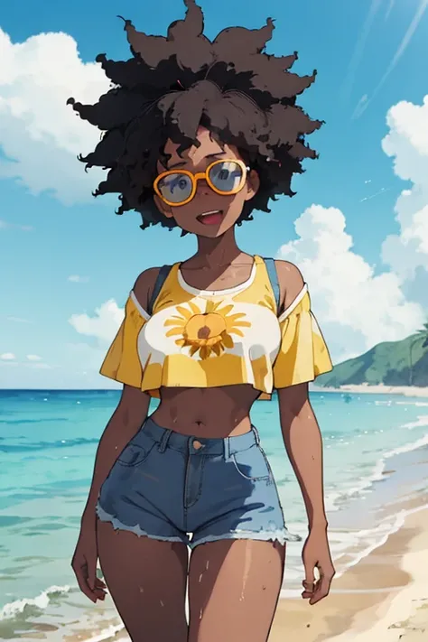 1 female, afro hair, black afro hair black girl afro hair, darker skin, brown skin, huge breast, thick legs, light blue eyes, yellow crop top, short short, sun glasses, denim shorts, denim, beach, blue sky, happy face, open mouth, playing water, wet, sweat...