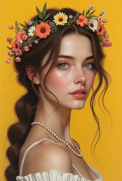 1 woman , 30 years, makeup , portrait, brown hair, Long braid low to the side, white beads on the neck, green eyes , a wreath of wild flowers on the head , yellow background, Minimalism, Filling an image, Realistic anatomy, Best quality, in detail, High de...