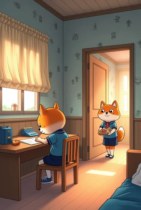 Line stamp specifications、anime、Home、From the ceiling of the children&#39;s room、Depth Perspective、A Shiba Inu student wearing a cute school uniform is studying at a desk、try as hard as one can、Something is being written、A mother Shiba Inu is standing in t...