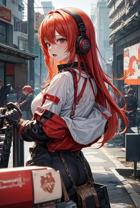 God Eater Score_9、score_8_up、score_7_up、1girl、solo、long hair、Bangs、Shut up、Upper Body、outdoor、orange hair、Vague、from the front、Lips、tights、contour、flowing hair、Depth of Field、Vague的背景、Mailbox、Reality、nose、plug、interface headphone、souryuu Asuka Langli、穿著紅色t...