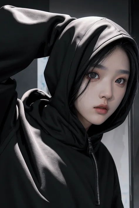 1 guy solo, black hair short  , hood black  , black sweatshirt , Korean is handsome, white eyes bright transparent white , looks at the viewer, , , apocalypse, full height , Lino ,High resolution, Flashing pupils, Realistic anatomy, Best quality, masterpie...