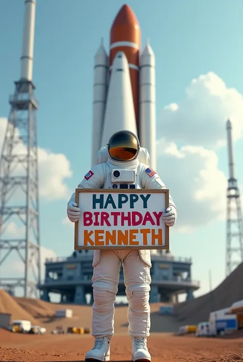 An astronaut about to board the rocket holding a Happy Birthday Keneth sign 