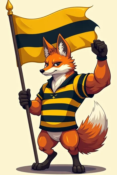 Muscular fox in yellow and black striped shirt holding a yellow and black striped flag
