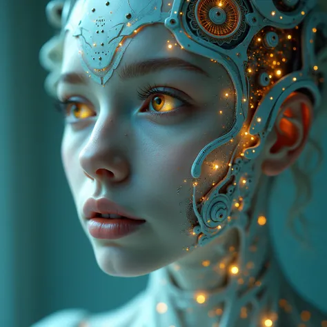 Explore a cinematic close-up of a divine woman, intricately detailed and resembling an ethereal organism, infused with a network of glowing neural pathways. Focus on the anatomical features of her face, harmoniously intertwining biomechanical elements that...