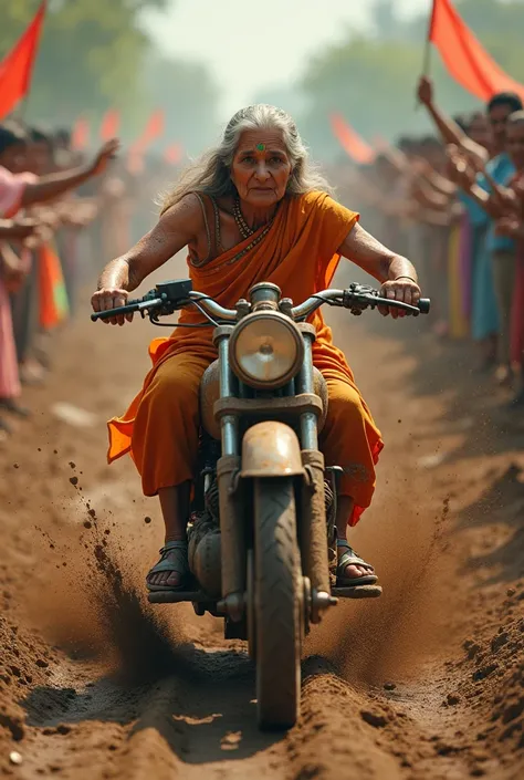 I need an indian old lady driving mud racing bike and audience’s are standing the 2 sides