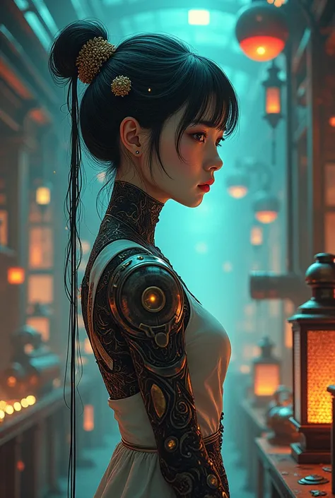 Museum artifacts anthropomorphic girl，Chinese style old style and cyberpunk style splicing，Background solid color，High image quality，poster