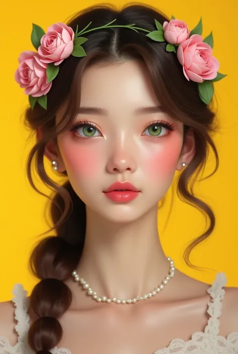 1 woman , 30 years, makeup , big lips, portrait, brown hair, Long braid low to the side, white beads on the neck, green eyes , a wreath of pink peonies on the head , yellow background, Minimalism, Filling an image, Realistic anatomy, Best quality, in detai...