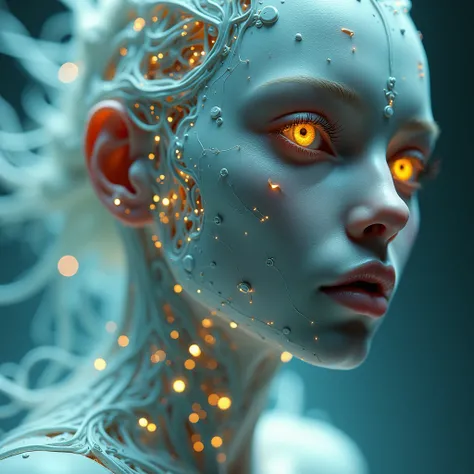 Explore a cinematic close-up of a divine woman, intricately detailed and resembling an ethereal organism, infused with a network of glowing neural pathways. Focus on the anatomical features of her face, harmoniously intertwining biomechanical elements that...