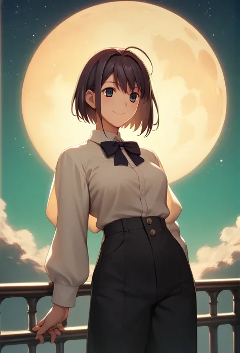 score_9, score_8_up, score_7_up, one girl,smile,  hirokazu koyama ,the background is the moon,cowboy shot, star-rail-kafka,anato...