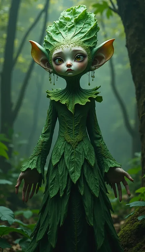 a surreal supernatural spinach creature, 4k, 8k, masterpiece, Alice in Wonderland, clothed, highly detailed, intricate, imaginative, fantastical, cinematic lighting, vibrant colors, dramatic shadows, whimsical, ethereal, mystical, otherworldly, magical rea...