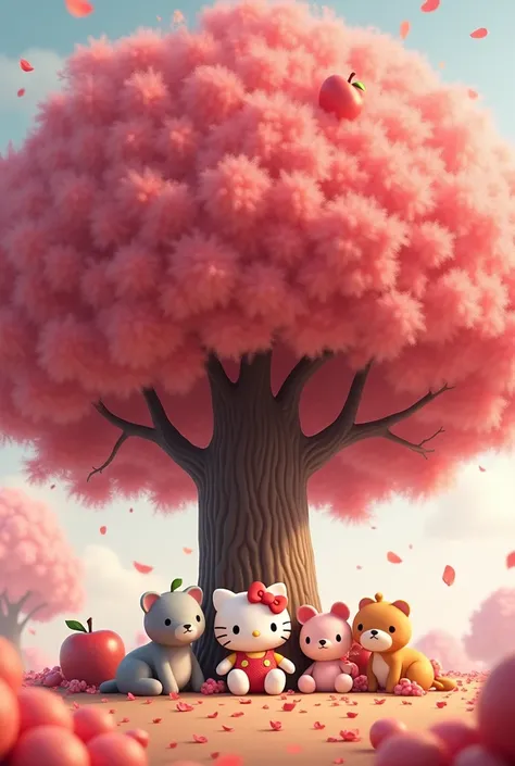 Hello kitty sitting under a big pink apple tree with her friends and I can see the whole tree for a family tree apples hanging off the tree





