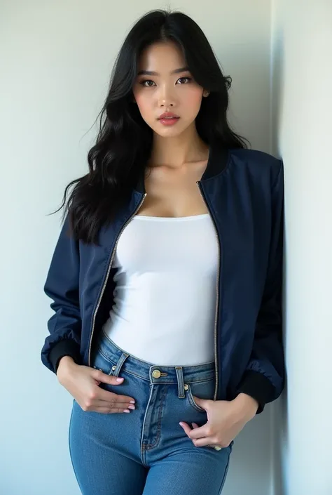 Stylish photography,Beautiful Korean Women,wearing a navy blue bomber pilot jacket with loose shoulders,wearing a tight white shirt, wearing tight blue jeans,standing leaning against the white wall Sexy style,showing beautiful legs, ideal body,solid chest ...