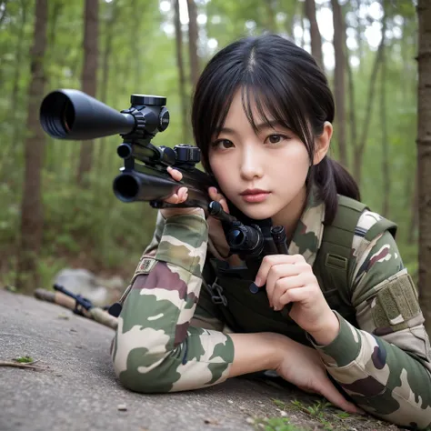 (masterpiece),(Highest quality),(High resolution),(Very detailed),One Woman,4,Mature Woman,Japanese,Black Hair,Short Bob,Beautiful Eyes,Long eyelashes,Beautiful Hair,Beautiful Skin,strict,whole body,break(((aim at something with a sniper rifle))),((View th...