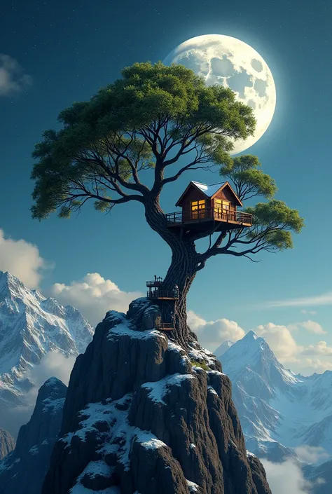 Create a robotic tree with a tree house and a starry night sky on top of a mountain and a full moon