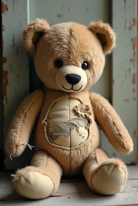 Take a vintage photo of a broken stuffed animal