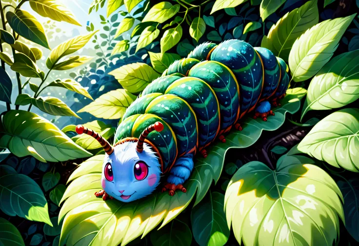 a colorful cute yuna caterpillar,extremely detailed caterpillar,extremely detailed leaf,caterpillar crawling on leaf,caterpillar eating leaf,sunny day,lush green leaf,vibrant colors,natural lighting,detailed textures,high quality,hyper realistic,intricate ...