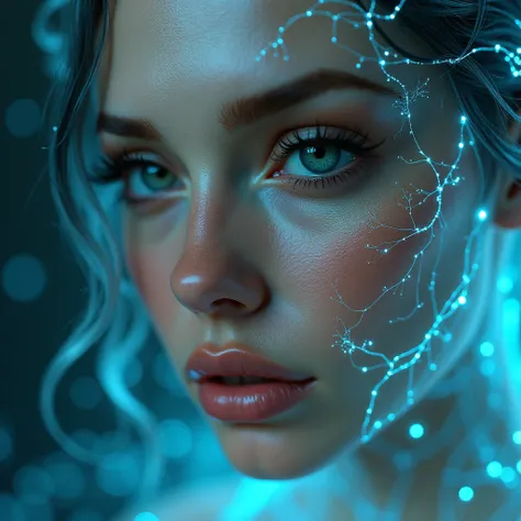 Explore a cinematic close-up of a beautiful, divine woman, natural eyes with an intense gaze, intricately detailed and resembling an ethereal organism, infused with a network of glowing neural pathways. Focus on the anatomical features of her face, harmoni...