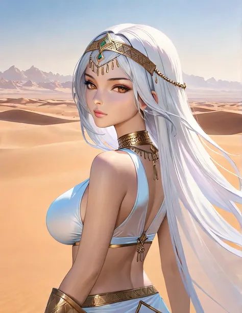 upper body portrait, big breasts, sideboob, white hair, beautiful, cute arabian transparent clothes, warrior, midriff, fit, white hair, rear view looking back, desert background, realistic fantasy ,concept art, 
