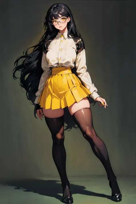 (best lighting), (best quality, masterpiece:1.2), illustration by hajime sorayama, perfect body, hyperfeminine curves, woman, 2, (((very long black hair))), (((yellow eyes))), glasses, thick, curvy, high fashion, short socks, skirt, leather, solo