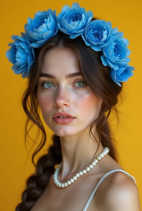 1 woman , 30 years, makeup , freckles on face, big lips, portrait, brown hair, Long braid low to the side, white beads on the neck, green eyes , a large wreath of blue peonies on the head , yellow background, Minimalism, Filling an image, Best quality, in ...