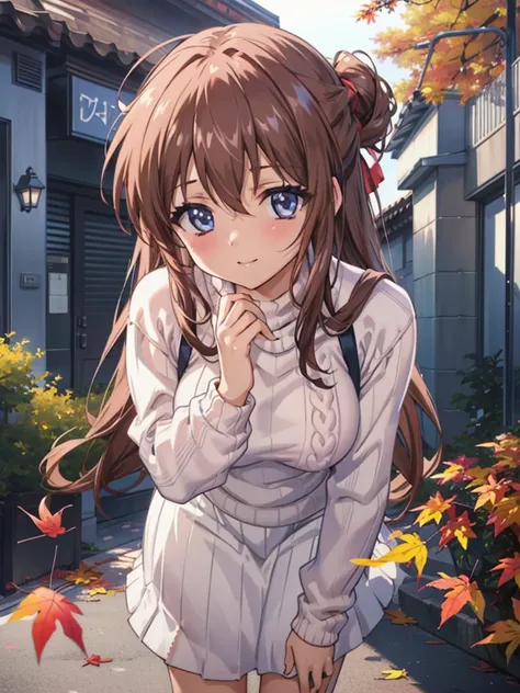 ((Highest quality, High resolution,  Perfect Pixel,  4K)),  (Beautiful Anime Girls), Depth of written boundary、
looking at viewer, 

Baby Face、Detailed eyes、Round face、he is short、
 
Brown Hair、(Brown Skin:1.5)、

(sunset),(autumn leaves), street、
(Leaning ...