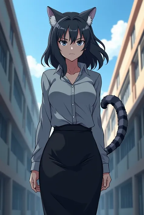 Anime style Boku and Hero academia, Mature woman half snow leopard with tail and ears, eyes with cat pupil, Medium long wavy black hair with some very subtle grey and white highlights, Sharp face with serious and mature face not tender very beautiful and s...