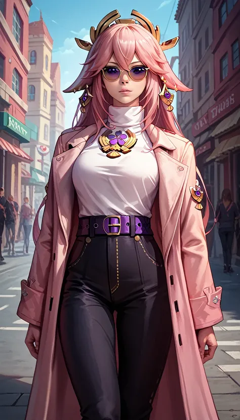 4k, realistic, high detailed, super eyes detailed, fashion clothes, pink trenchcoat, french beret, black pants with belt, long hair, in the city,  pink hair, purple eyes, yae miko, wearing trendy sunglasses,