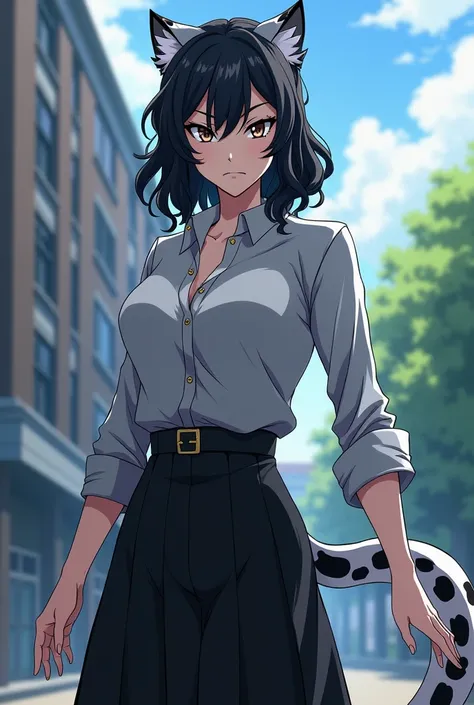 Anime style Boku and Hero academia, Mature woman half snow leopard with tail and ears, eyes with cat pupil, Medium long wavy black hair with some very subtle grey and white highlights, Sharp face with serious and mature face not tender very beautiful and s...