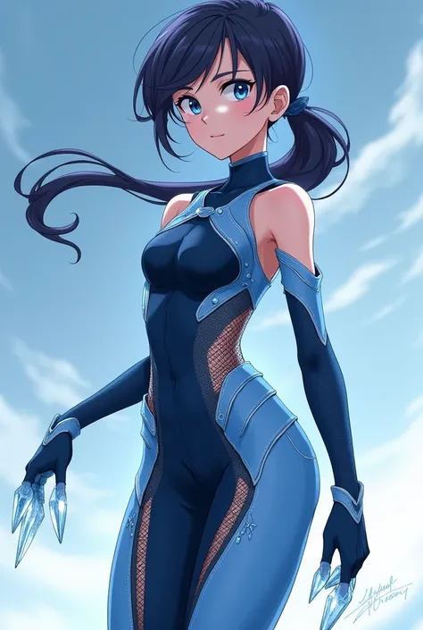 create an anime style heroine costume like my Hero academia, It has to be an ice power inspired costume and must contain styles like ice skating costumes or clothing that is for that type of power.. The character&#39;s body is thin so she shouldn&#39;t hav...