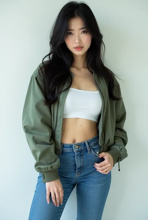 Stylish photography,Beautiful Korean Women,wearing a loose shoulder army green pilot bomber jacket,wearing a tight white shirt, wearing tight blue jeans,standing facing backwards with a round, firm, beautiful butt, on the white wall Sexy style, ideal body,...