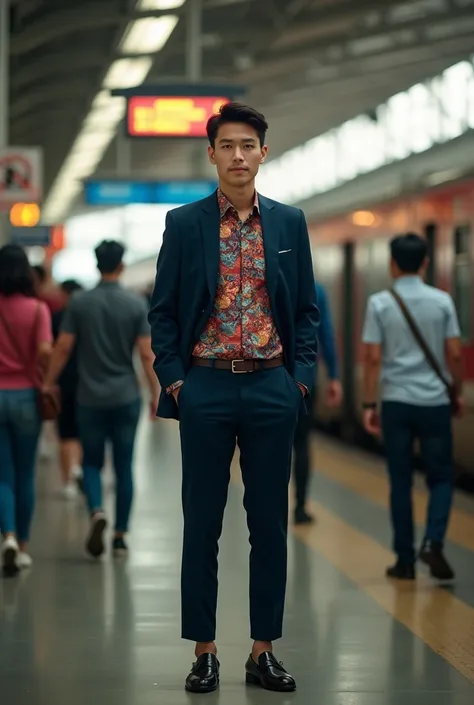 Candid photography of a handsome Asian train flight attendant, wearing a dark blue jacket, batik patterned shirt, matching formal trousers and loafers, standing next to a stopped train. The background is the morning atmosphere of a train station which is q...