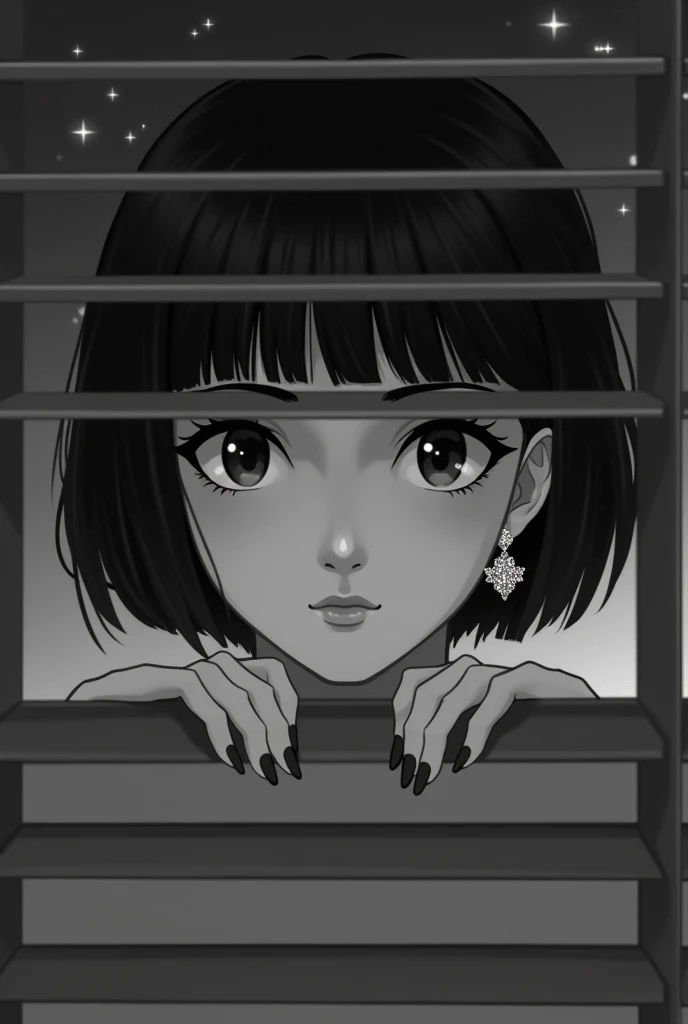 Venitian Blinds
Generate a realistic black-and-white image of a woman peeking through Venetian blinds. The woman has short, dark, styled hair with bangs and large, expressive eyes framed by bold eyeliner and perfectly shaped eyebrows. Her hands are gently ...