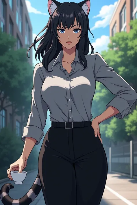 Anime style Boku and Hero academia, Mature woman half snow leopard with tail and ears, eyes with cat pupil, Medium long wavy black hair with some very subtle grey and white highlights, Sharp face with serious and mature face not tender very beautiful and s...