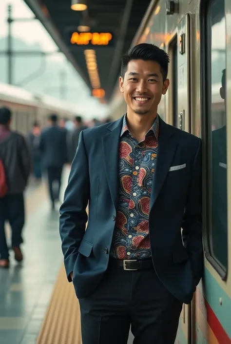 Candid photography of a handsome Asian train flight attendant, wearing a dark blue jacket, batik shirt, black formal trousers , standing next to a stopped train. The background is the morning atmosphere of a train station which is quite busy. Light and sha...