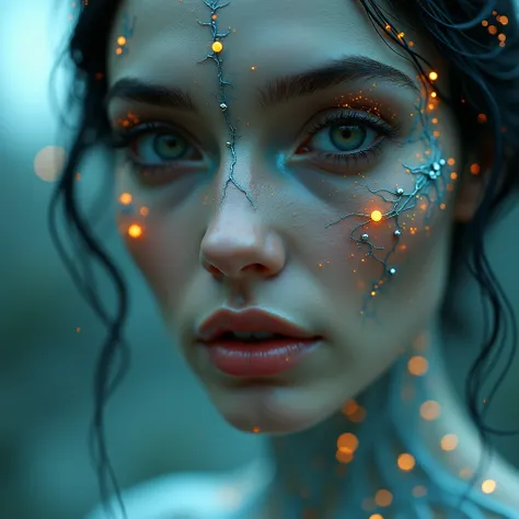 Explore a cinematic close-up of a marvelous and divine woman, natural eyes with an intense gaze, intricately detailed and resembling an ethereal organism, infused with a network of glowing neural pathways. Focus on the anatomical features of her face, harm...