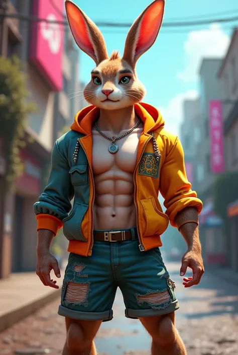 A handsome six pack rabit wearing stylish hoodie and shorts  with funky look