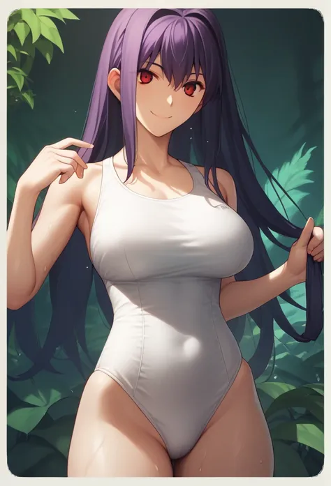 Score_9, Score_8_up, Score_7_up, One girl,Red eyes,smile,Purple long hair, Hirokazu Koyama ,The background is the night sky,Cowboy Shot, Wearing a tight-fitting white swimsuit,Sweaty,sexy,Pixel Perfect,Large Breasts,Anatomically correct, masterpiece, Very ...