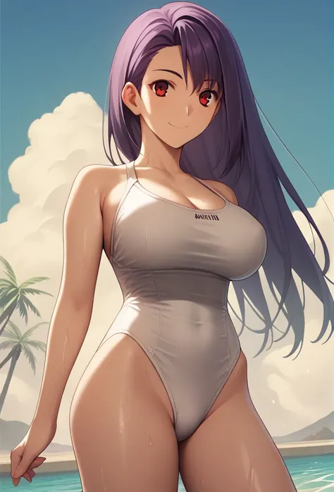 Score_9, Score_8_up, Score_7_up, One girl,Red eyes,smile,Purple long hair, Hirokazu Koyama ,The background is the night sky,Cowboy Shot, Wearing a tight-fitting white swimsuit,Sweaty,sexy,Pixel Perfect,Large Breasts,Anatomically correct, masterpiece, Very ...