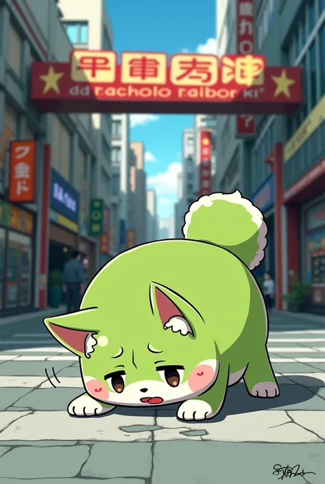 Line stamp specifications、anime、Pachinko parlor entrance、A cute green Shiba Inu character is on his hands and knees on the street, looking despairing and disappointed.、It seems like I lost、Somehow comical and interesting、The background is the city、There ar...