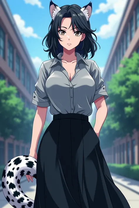 Anime style Boku and Hero academia, Mature woman half snow leopard with tail and ears, eyes with cat pupil, Medium long wavy black hair with some very subtle grey and white highlights, Sharp face with serious and mature face very beautiful and sensual, whi...